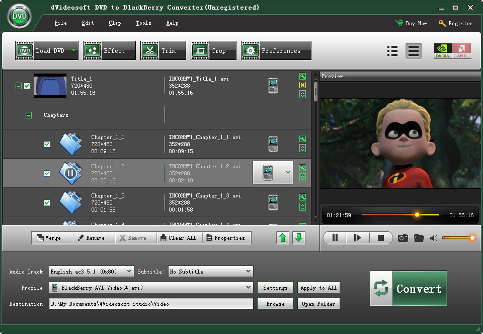 Screenshot of 4Videosoft DVD to BlackBerry Converter 3.3.20