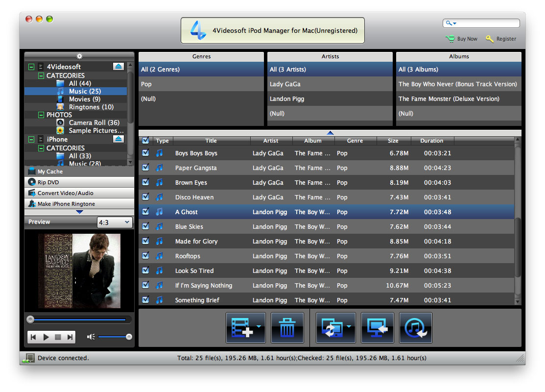 Screenshot of 4Videosoft iPod Manager for Mac 3.2.12